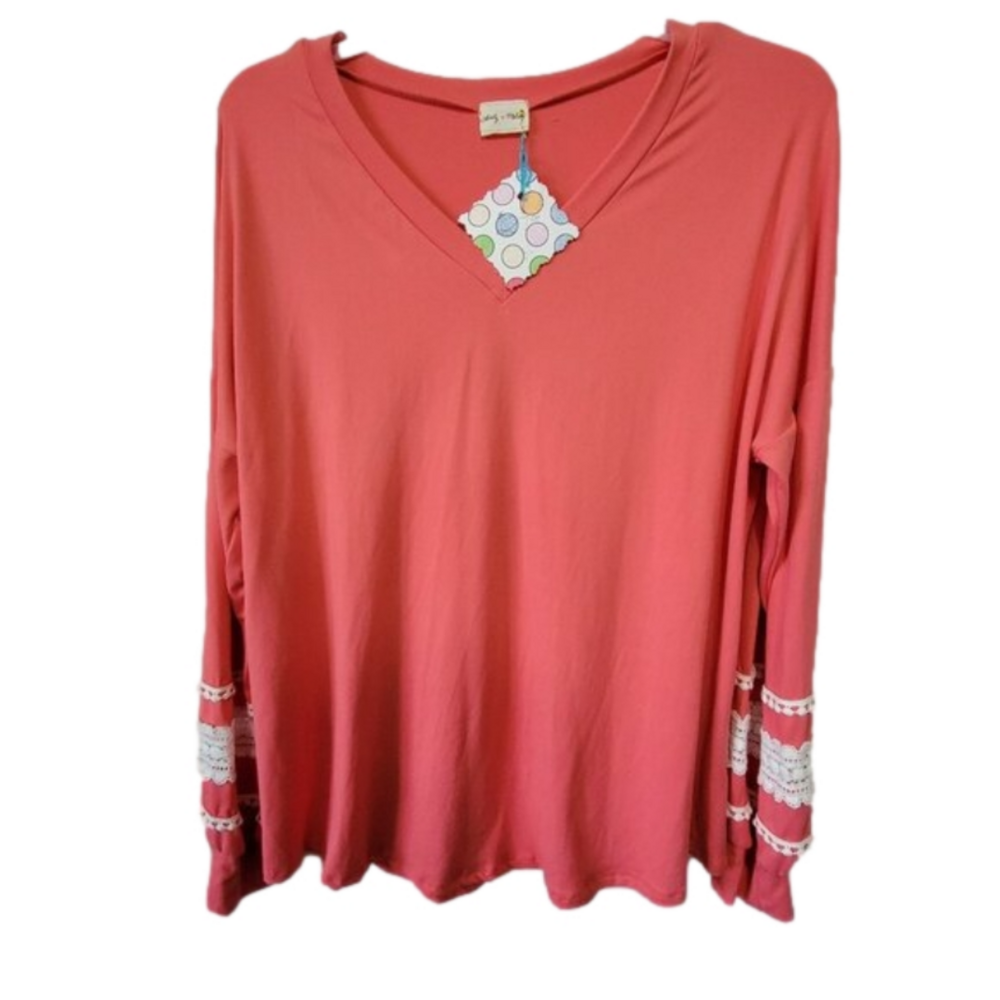 Lovely Melody top Coral NEW Boutique Small BOHO stretchy crochet arms flowy NWOT